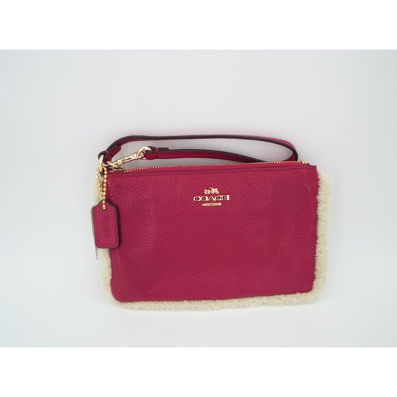 COACH Cranberry Pebbled Leather Natural Shearling Small Wristlet NWT - Picture 2 of 13